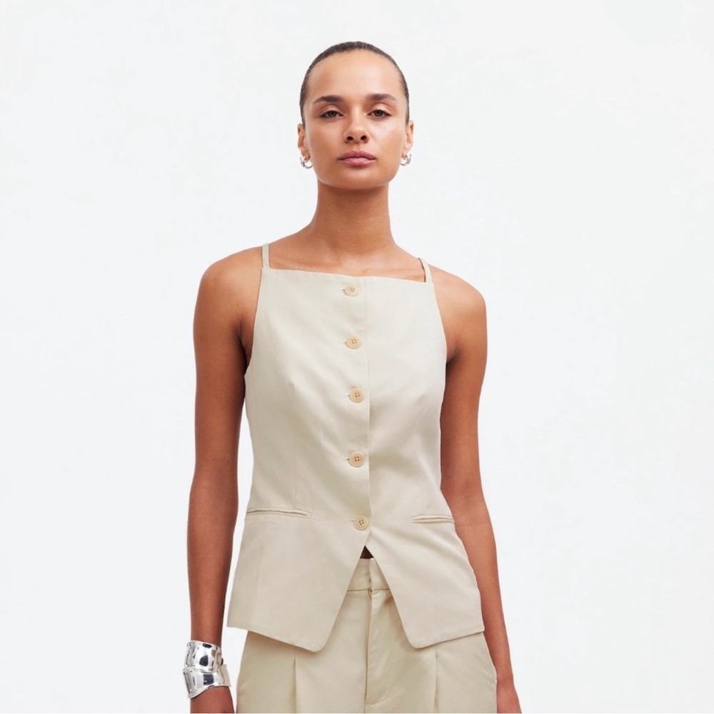 Madewell Square-Neck Vest Tank Drapey Linen Blend Twill Beige Womens 10 NWT